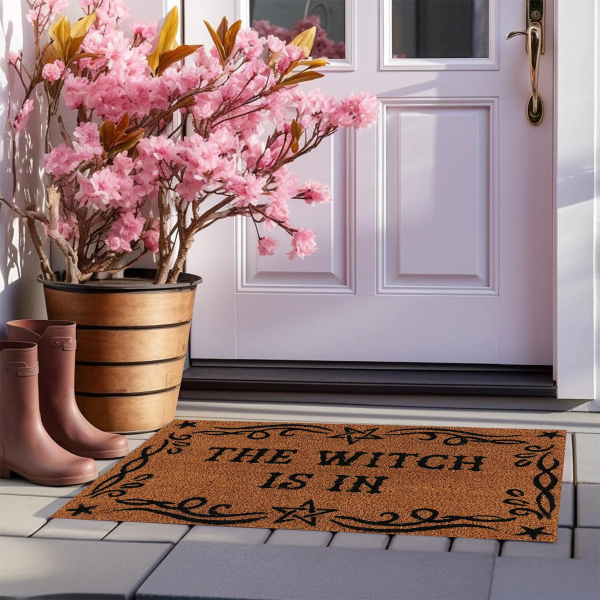 tapis d'entrée imperméable antidérapant étoiles noires motifs floraux marron clair noir résistant bactériesextérieurintérieur