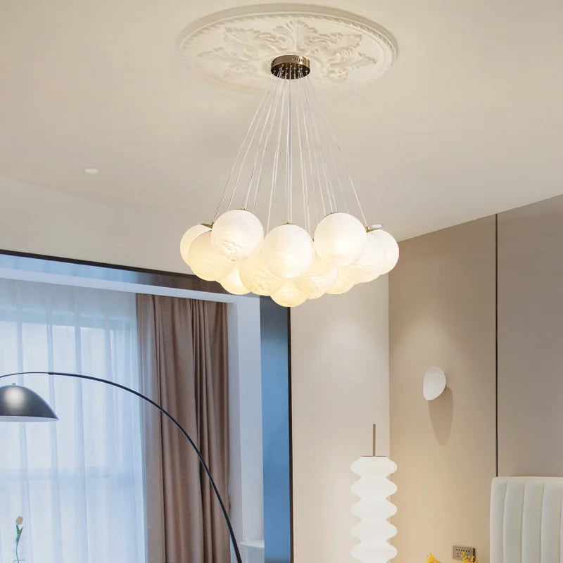 suspension lumineuse moderne blanc texture tissée boules verre fixation flux lumineux 2000 82000
