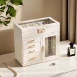 boîte bijoux simili cuir blanc moderne poignées dorées velours intérieur portable 360 degrés rotation