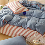 ensemble literie bleu rouge rayures moderne drap plat taies oreillers double full queen