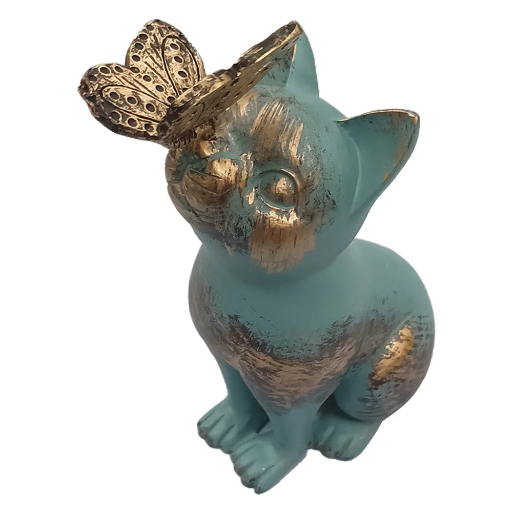 statue chaton papillon résine bleu turquoise doré aspect vieilli patio jardin