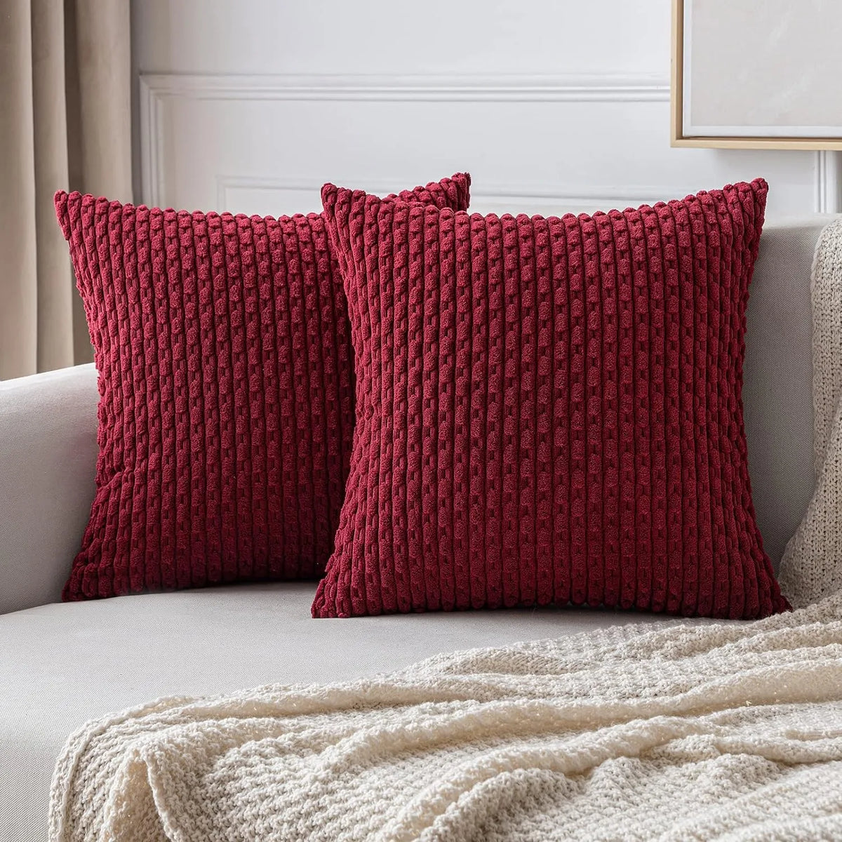 housse coussin carrée velours côtelé vert olive texture tissée garnissage blanc