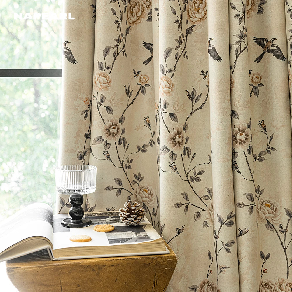 rideau élégant beige motifs floraux oiseaux pivoine vintage occultant salon chambre moderne polyester