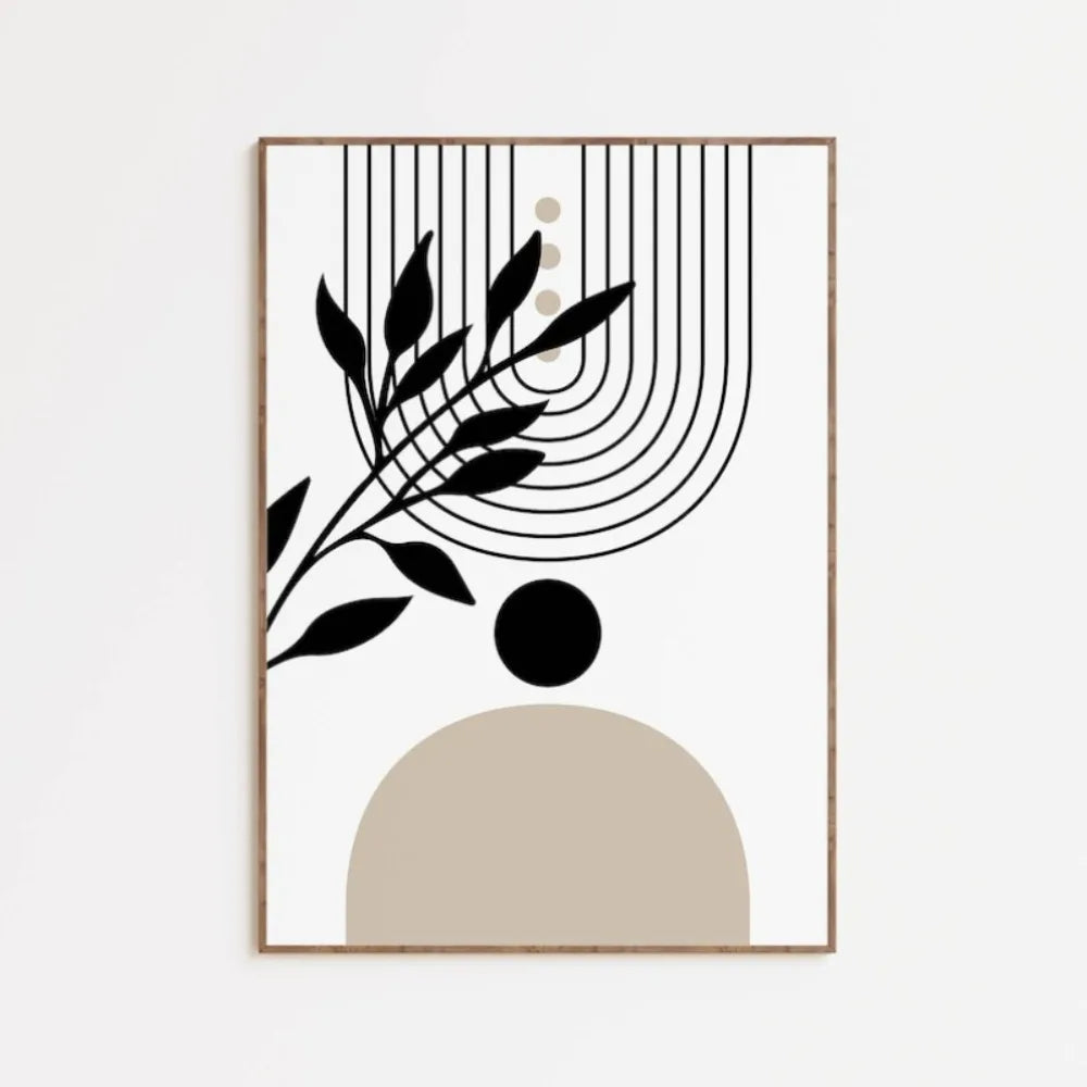 toile d'art abstraite minimaliste géométrique feuillets stylisés blanc noir beige sans cadre chambre salon