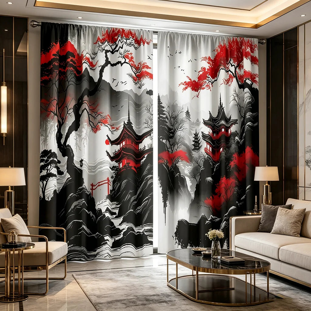rideaux imprimés paysage oriental 100% polyester noir blanc rouge moderne