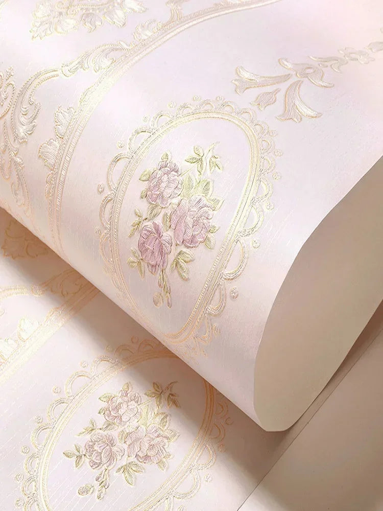 papier peint classique baroque fleurs roses beige rose clair bleu clair vertical adhésif imperméable