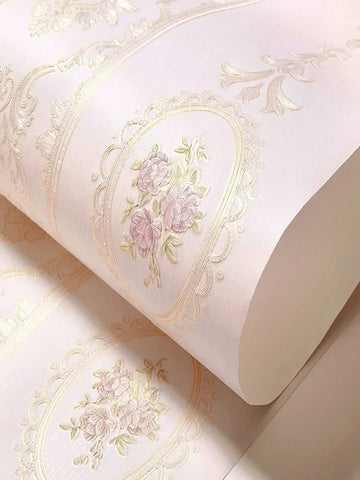 papier peint classique baroque fleurs roses beige rose clair bleu clair vertical adhésif imperméable