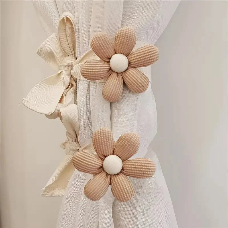 fournitures rideaux tissu fleurs beiges anneaux métalliques cordons coton décorative rustique moderne
