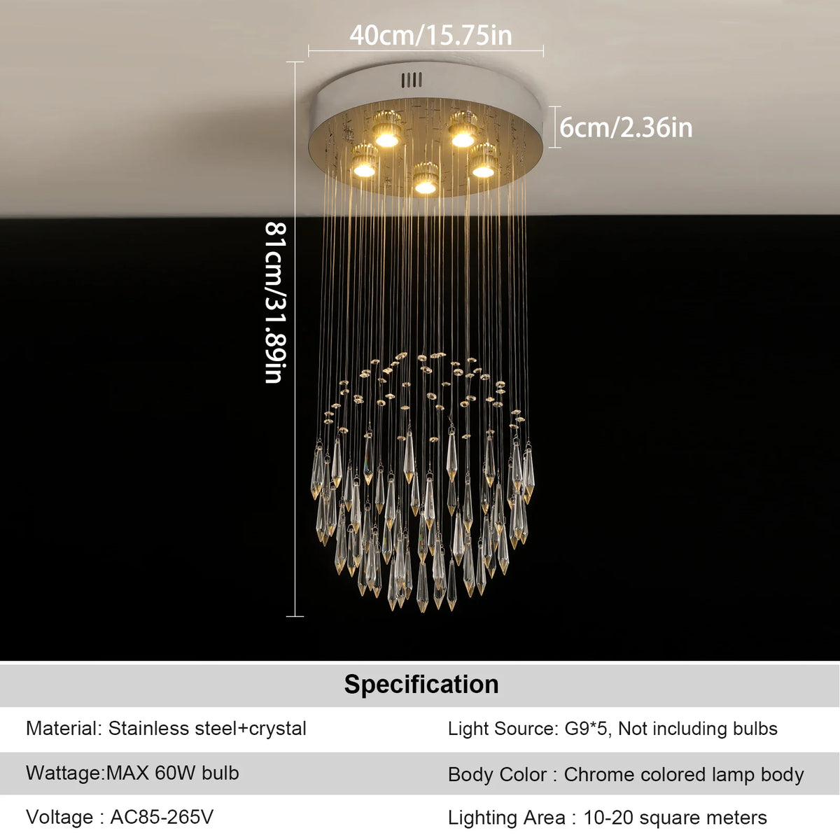lustre suspendu moderne cristal argenté gouttes transparentes intérieur luxe
