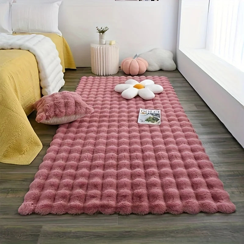 tapis fourrure blanche gris rose texture fourrure motif points moderne doux salon chambre