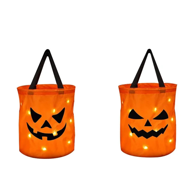 sac lumineux citrouille halloween orange noir motif yeux triangles LED enfants festif