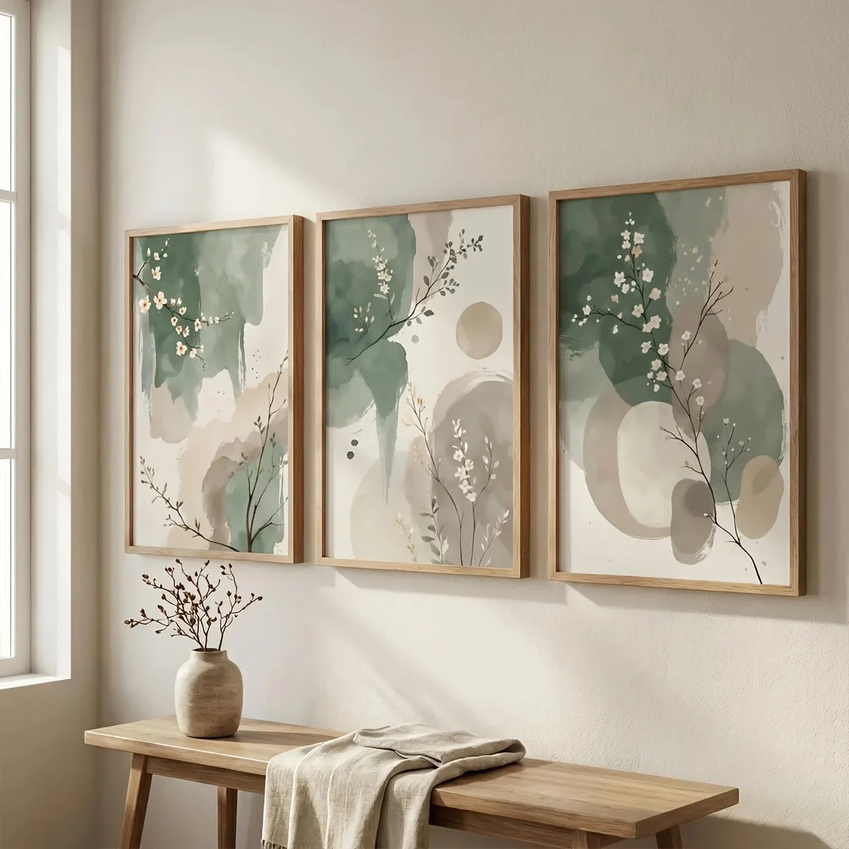 tableaux abstraits fleurs stylisées vert beige sans cadre moderne décoration chambre contemporaine minimaliste imprime