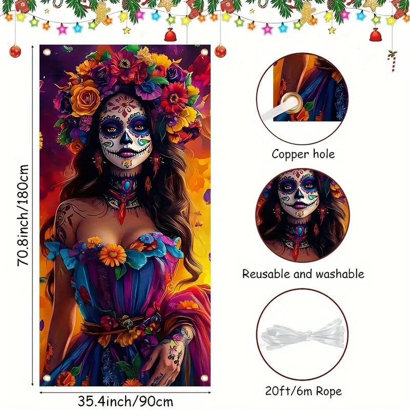 bannière festive catrina crâne fleurs dia morts couleur violette orange Jaune