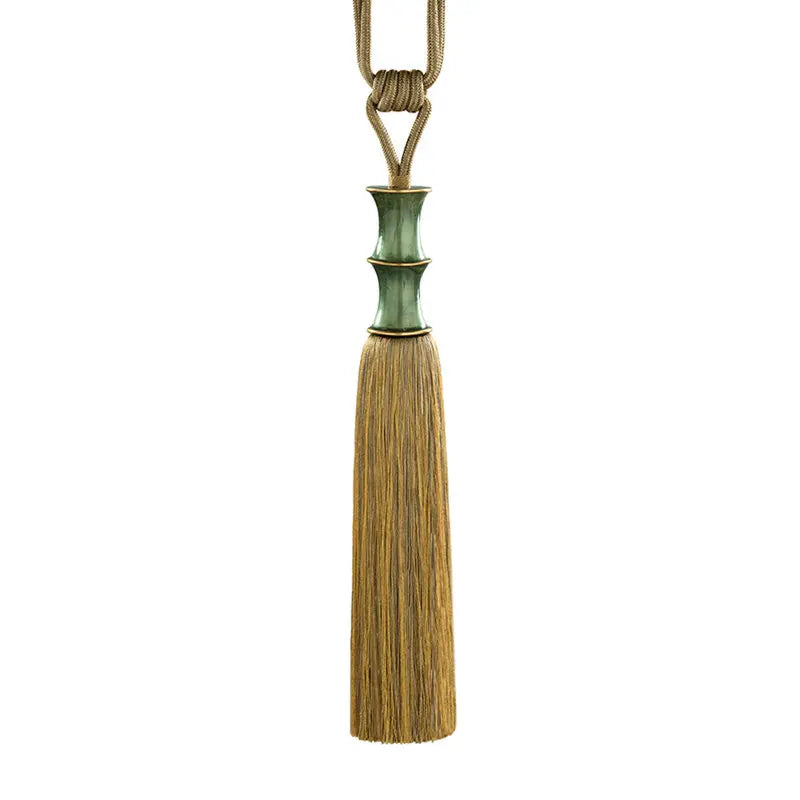 rideau vert beige marron broderie bambou franges classique traditionnel tassel translucent