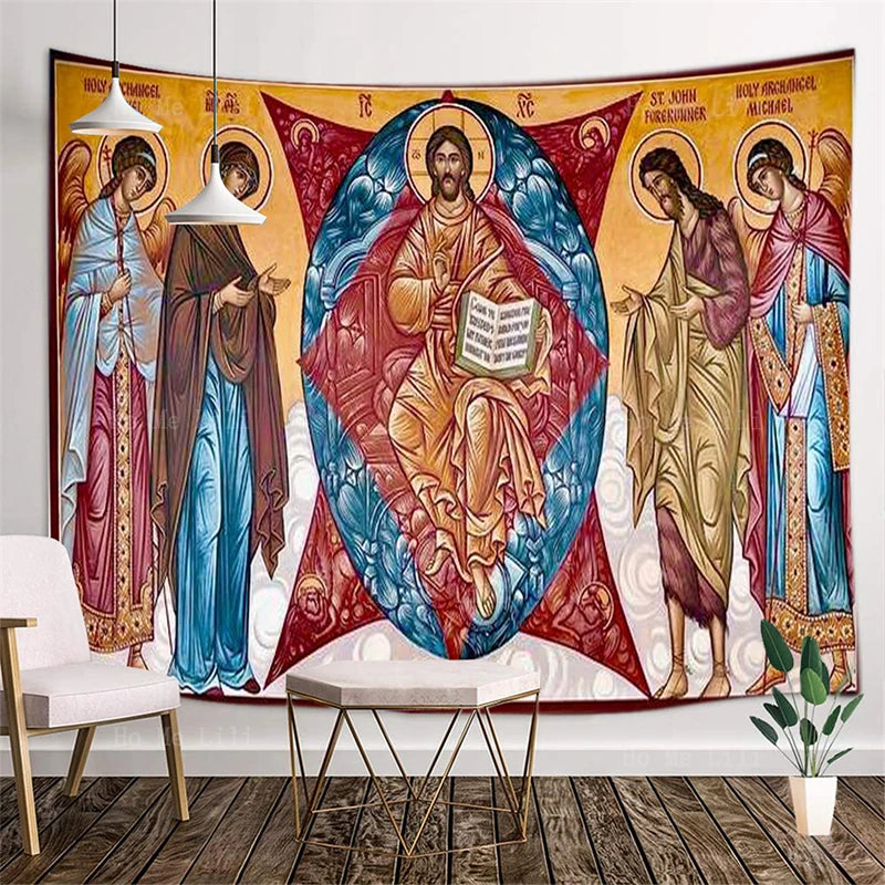 tapisserie murale religieuse icônes chrétiennes décoration intérieur tissu polyester motif art religieux traditionnel