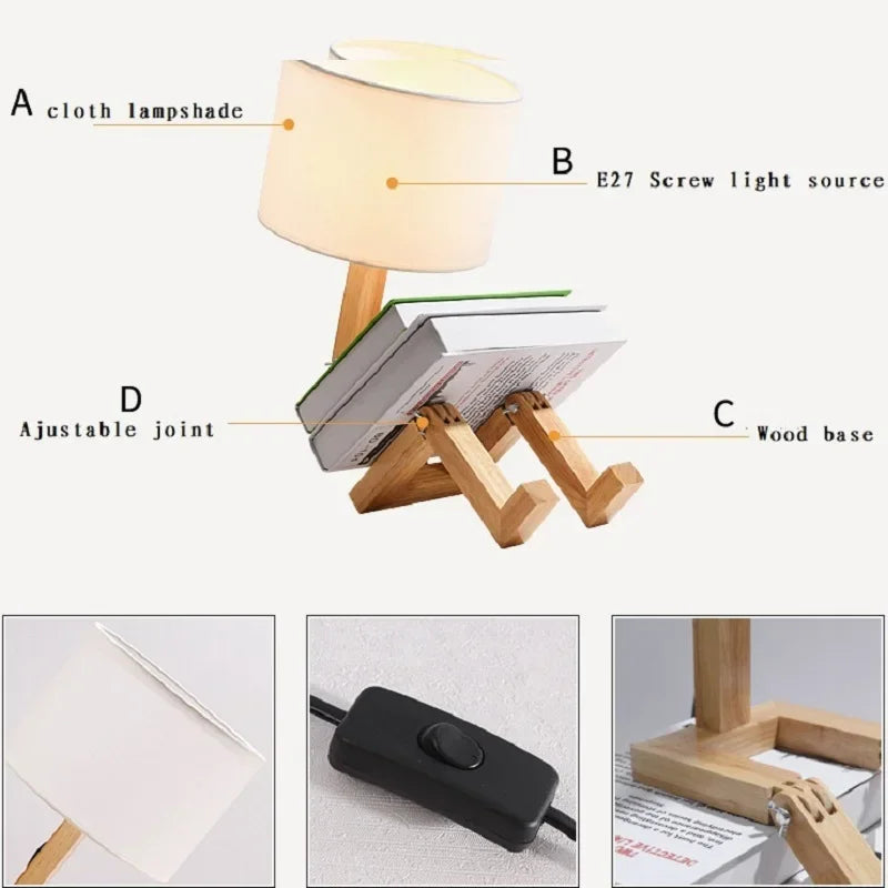 lampe table bois naturel tissu beige moderne minimaliste led ajustable chambre