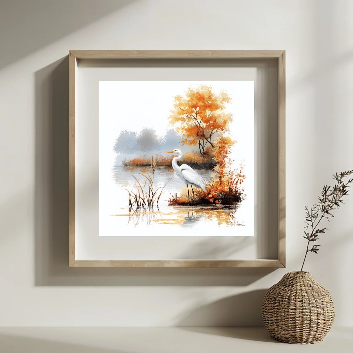 toile broderie paysage automnal héron arbres feuilles herbe eau kit diy blanc orange instructions