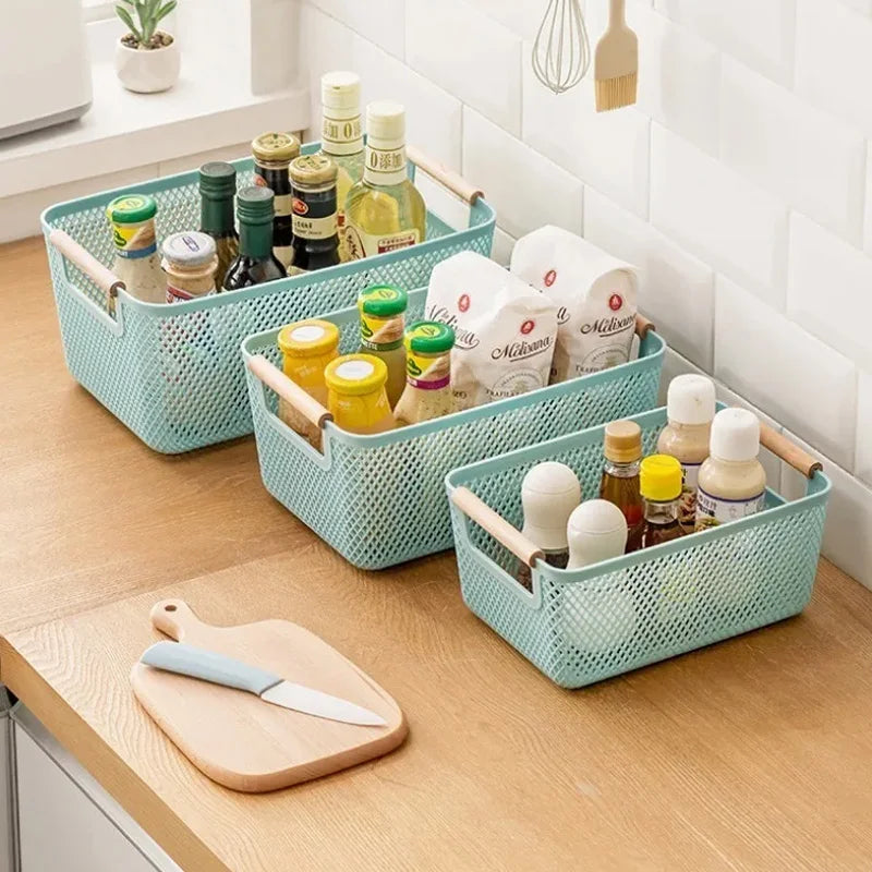 panier rangement maille fine plastique respectueux l'environnement blanc moderne poignées bois taille