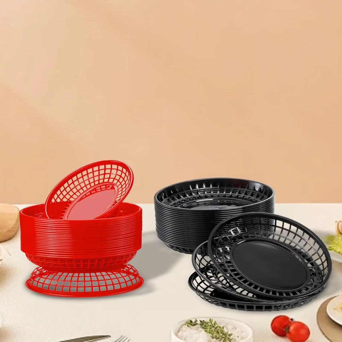 paniers ovales plastique rouge noir grille service alimentaire party trays restaurants
