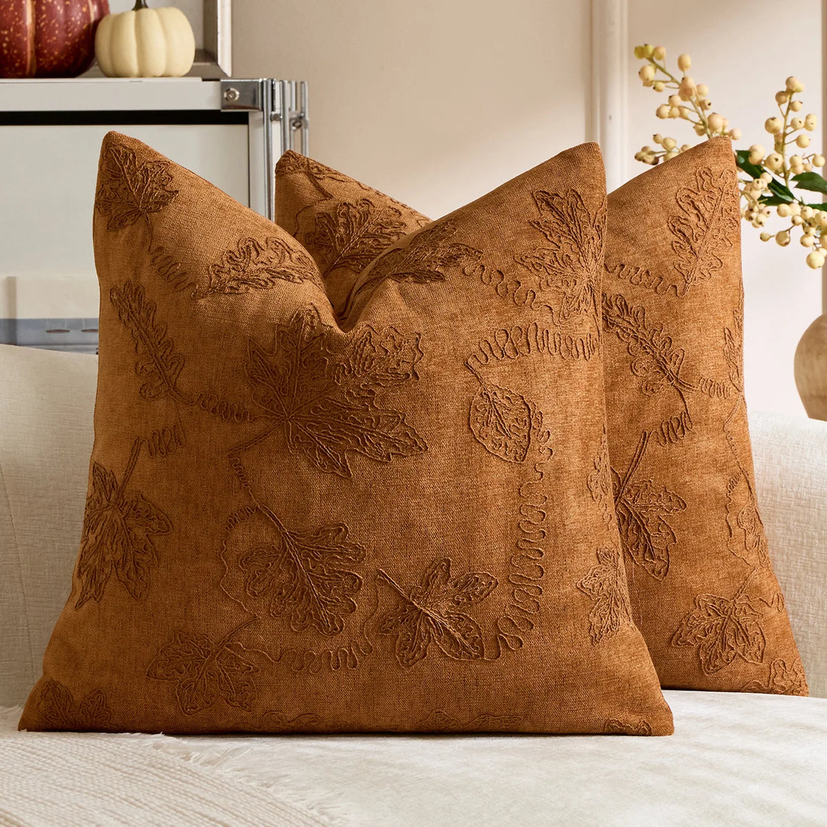 taie d'oreiller jacquard brodé feuille d'érable orange beige maison décoration halloween thanksgiving moderne sans