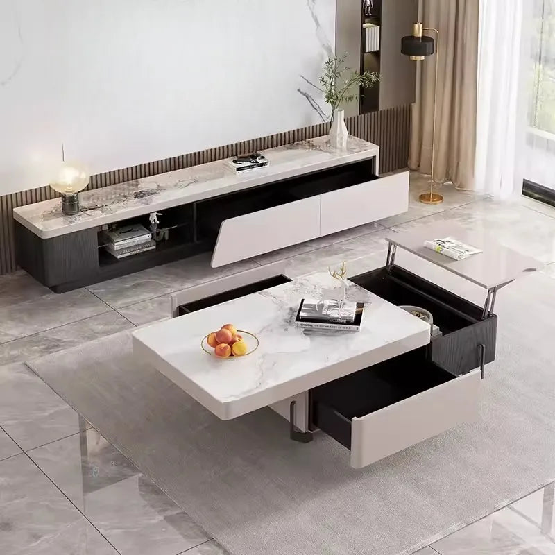 table basse moderne marbre blanc gris pieds noirs fruits magazine vase