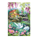 broderie paysage multicolore maison fleurs cygnes glycine toile coton fil aiguille instructions
