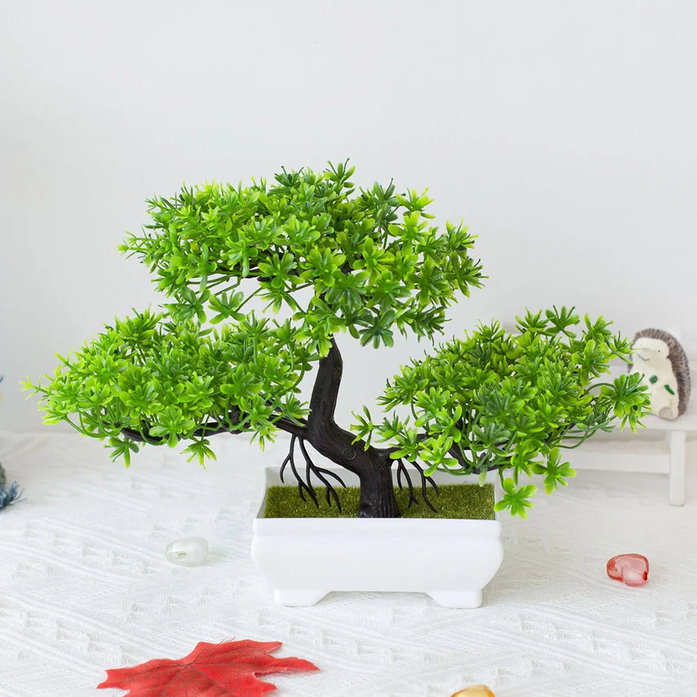 décoration intérieure bonsaï artificiel rouge rose jaune vert feuilles fines tronc noir base carrée