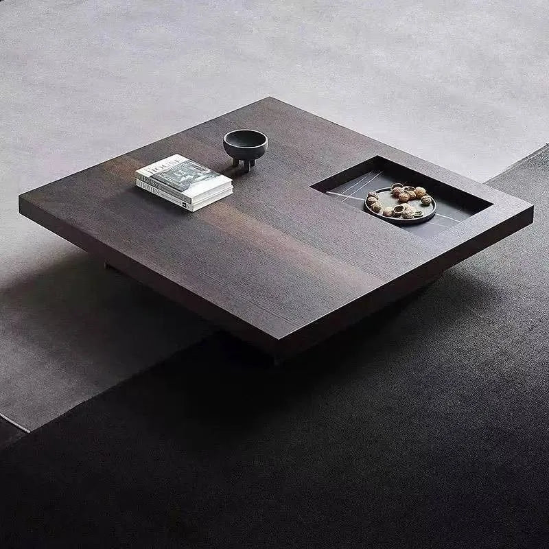 table basse moderne minimaliste bois texturé gris clair marron foncé salon
