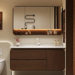 meuble salle bain moderne miroir étagère rangement blanc marron bois naturel