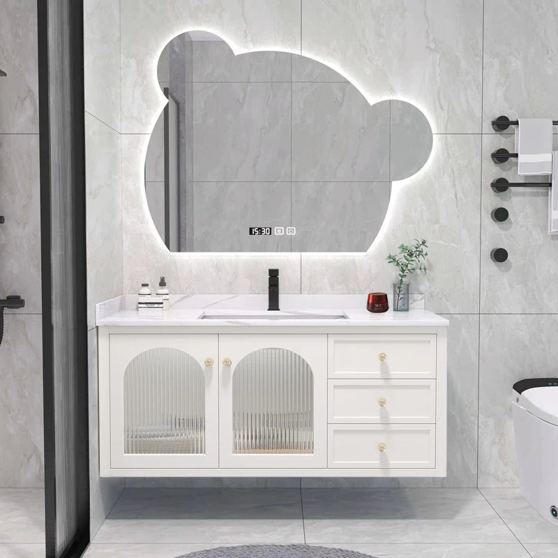 meuble salle bain bois massif vasque miroir armoire murale blanc moderne robinet