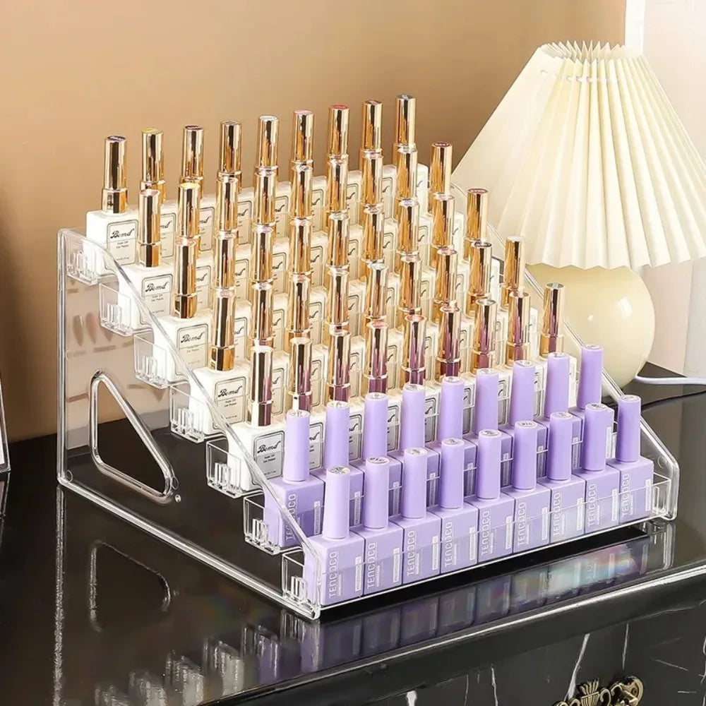 rangements cosmétiques transparents multi niveaux acrylique vernis parfums modernes épurés maison salon.storage.display.racks