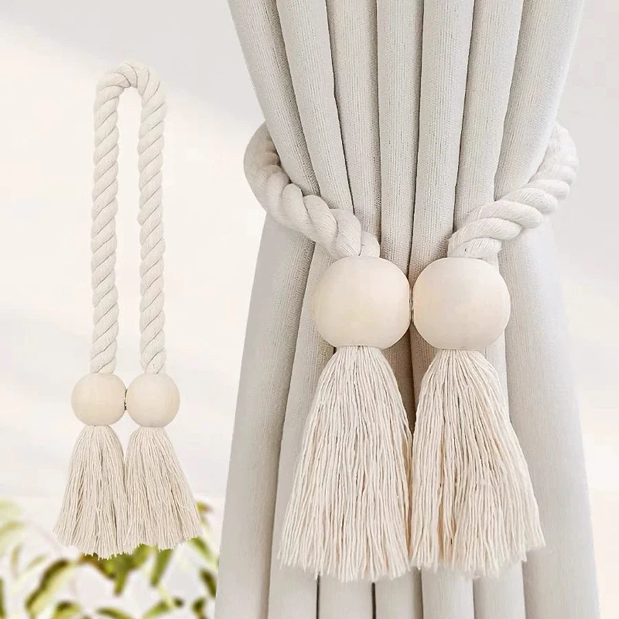 rideau boho chic ruban tissé chanvre beige clair pompon bois doux