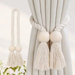 rideau boho chic ruban tissé chanvre beige clair pompon bois doux