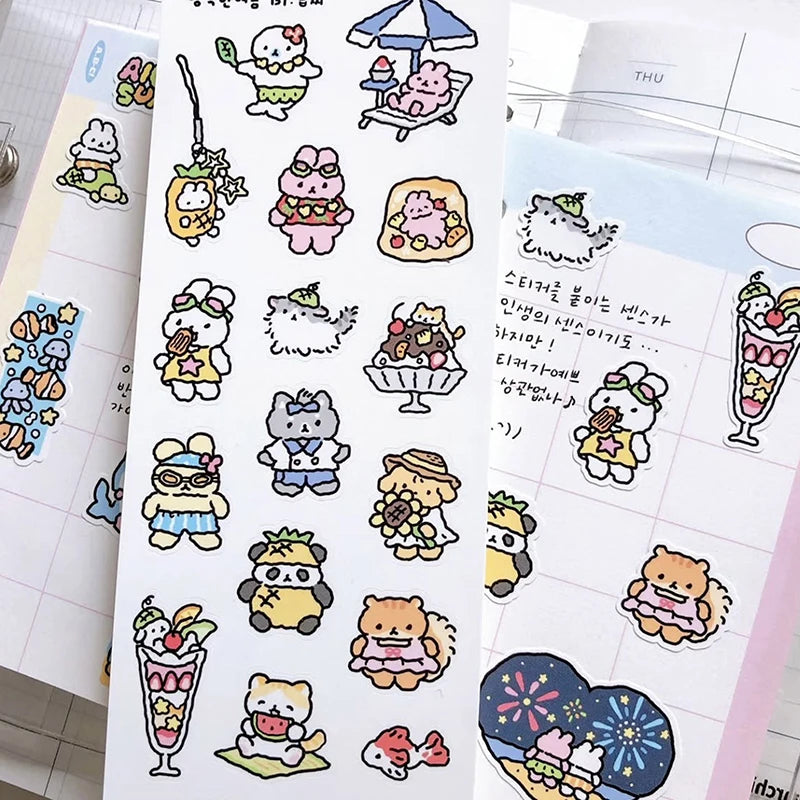 sticker kawaii animal mignon dessin animé rose blanc bleu vert gris noir adhésif personnages