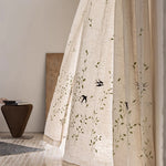 rideau moderne semi transparent oiseaux noirs feuilles vertes tissu lin beige clair vert foncé