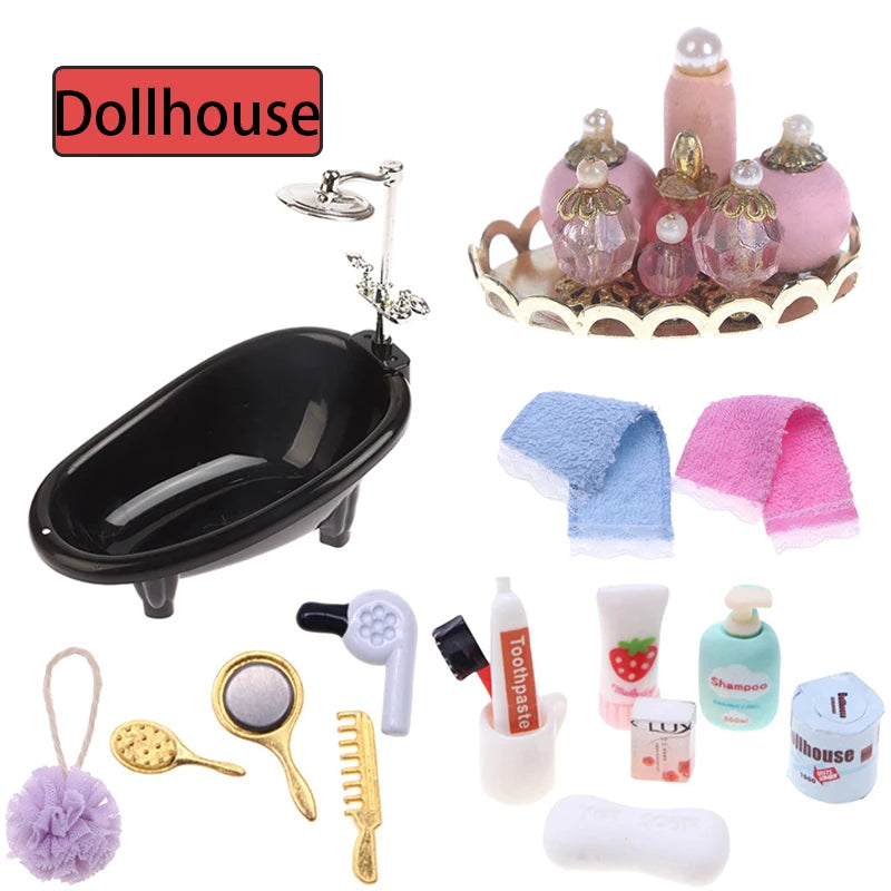 sèche cheveux miniature miroir doré baignoire plateau savonnette flacons serviettes tapis bain petite salle
