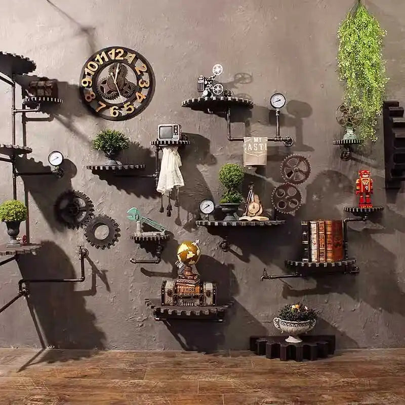 décoration industrielle étagères murales engrenages noires pièces métalliques bar