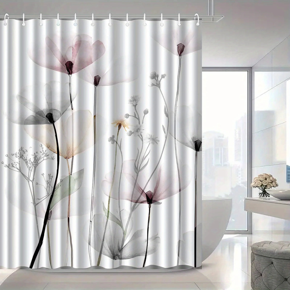 rideau douche polyester moderne fleurs stylisées feuilles pastel washable élégant