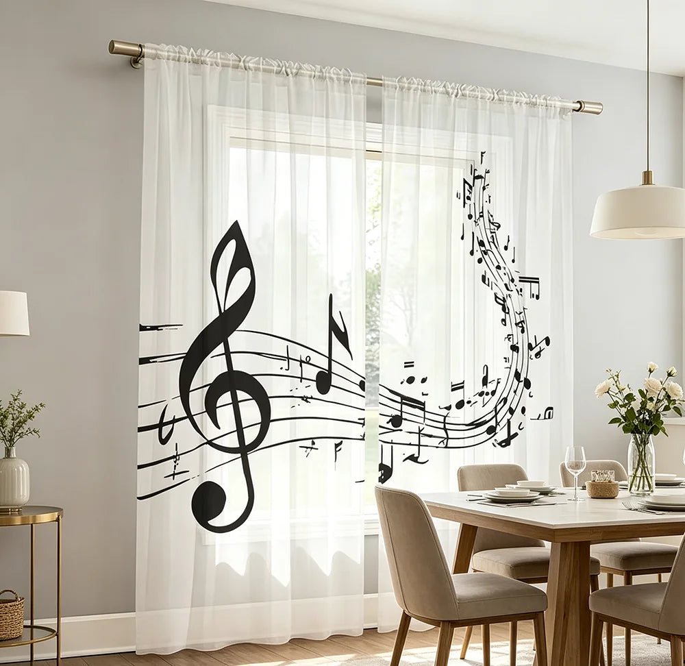 rideaux blanc noir motif musical clé sol moderne deux pièces translucides fenêtre chambreDecorationInterior
