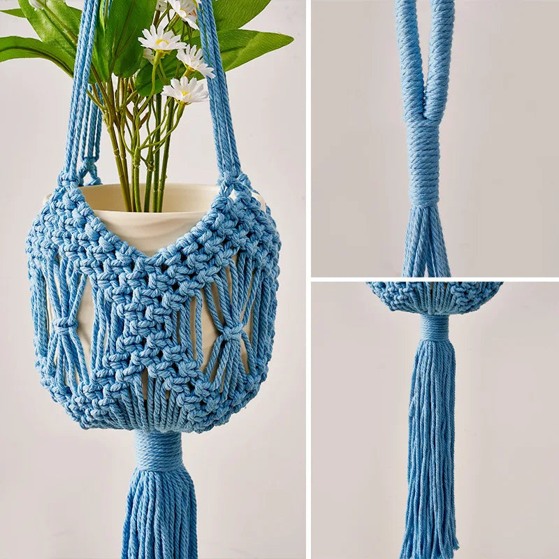 supports plante macramé tissé main motifs géométriques boho couleurs violet bleu beige vert