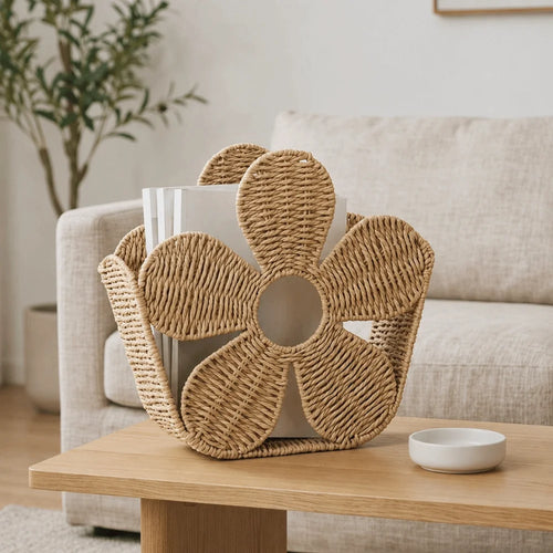 panier tressé moderne beige clair rangement livres décoration intérieure bohème rustique naturel chambre salon