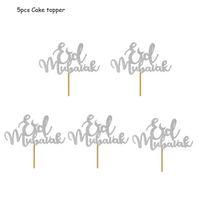 décoration gâteau or argent étoiles lune écriture cursive pique bois fête İslam festive