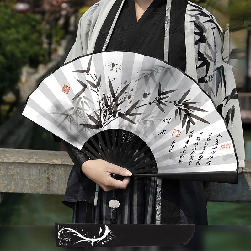 éventail traditionnel japonais paysages oiseaux bambou motifs floraux tassel noir bleu art traditionnel