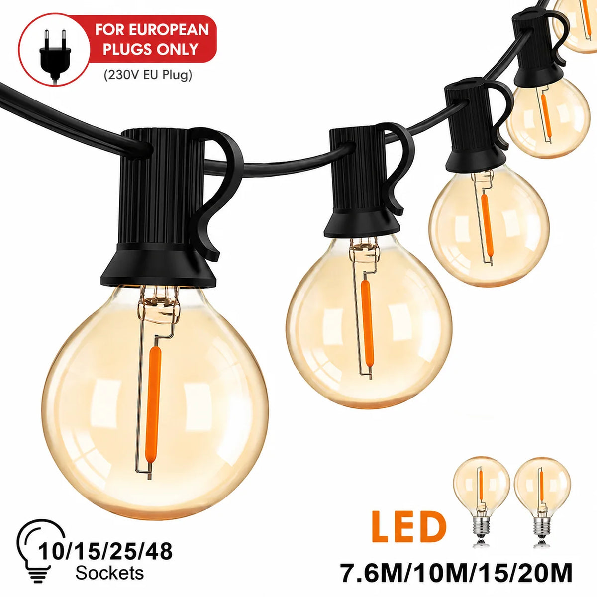 guirlande lumineuse led ampoules globe verre jaune orangé industrielle vintage imperméable extérieure 220v
