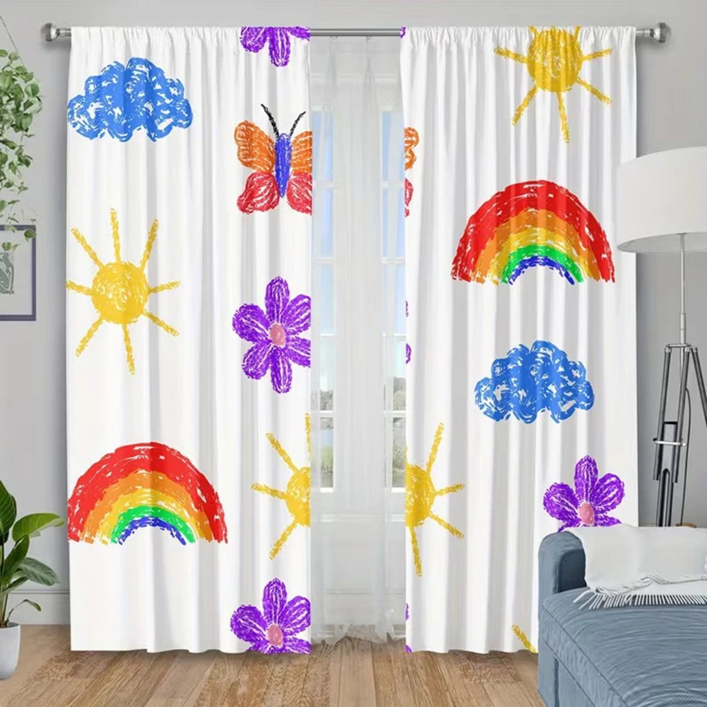rideau imprimé moderne nuages arc ciel papillons polyester blanc bleu translucide