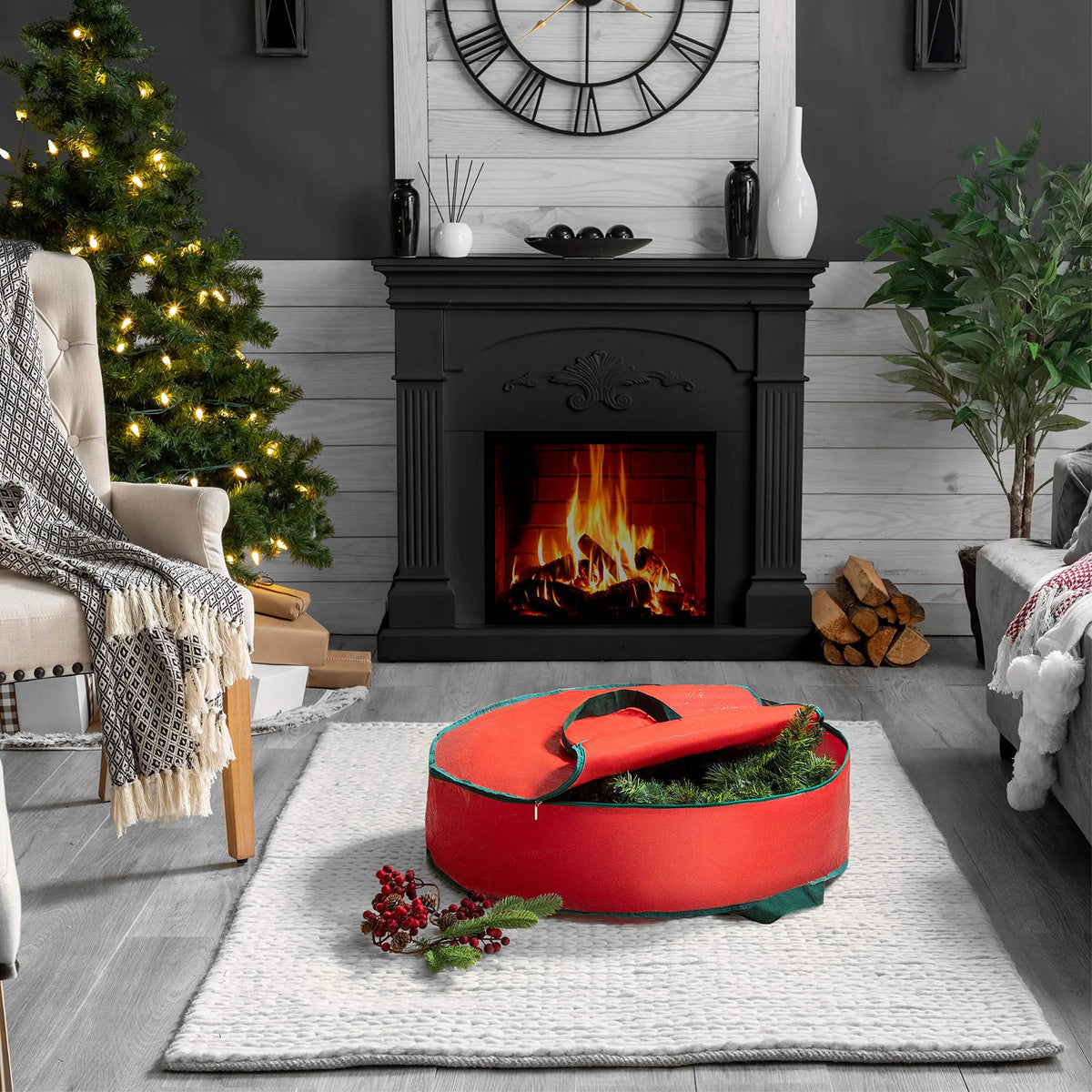 sac rangement réutilisable polyester durable respectueux environnement rangement décoration noël couronne guirlande rouge vert