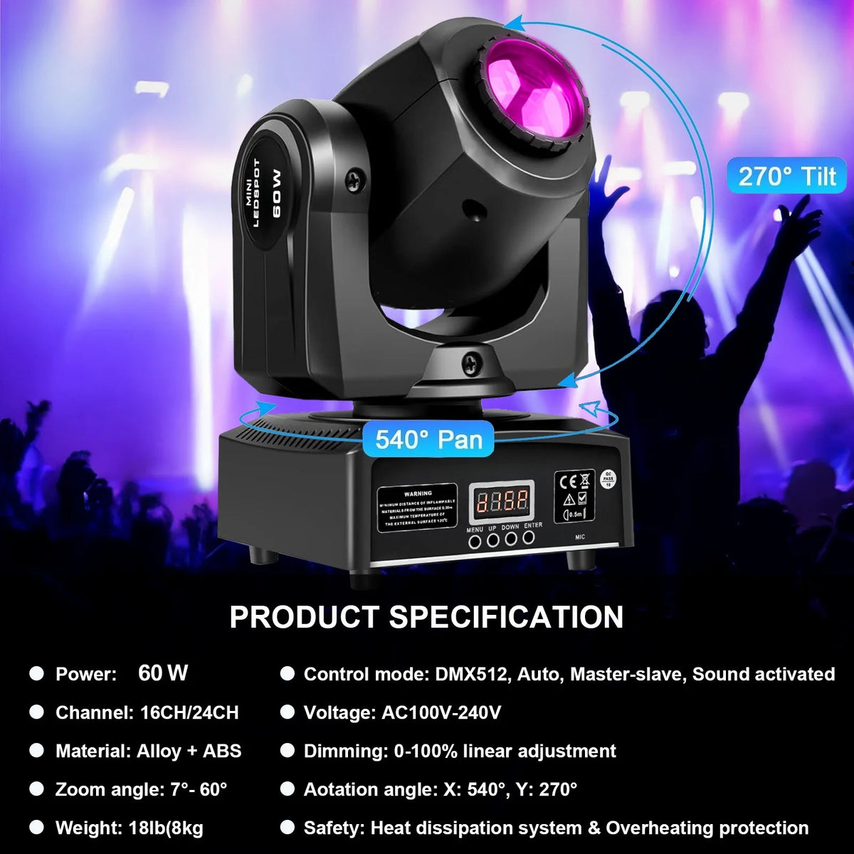 projecteur scène mobile 60w led dmx gobo effet lumière dj noir moderne