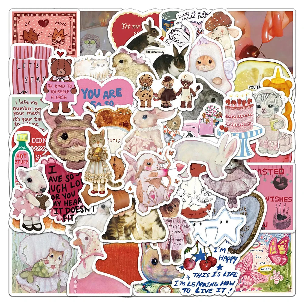 stickers animaux mignons multicolores adhésifs dessin animé humour floraux géométriques decoration 50pcs
