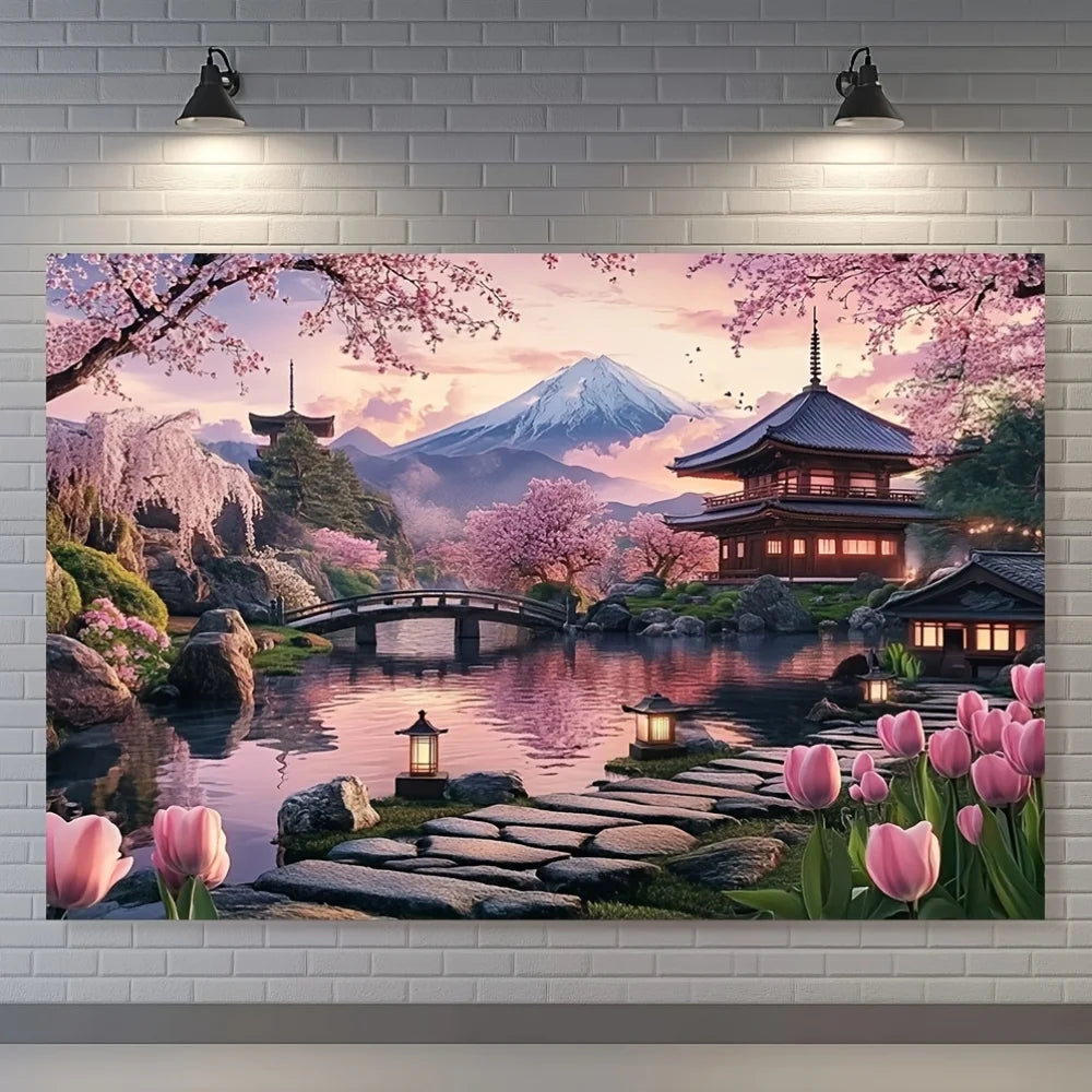 tableau mural paysage japonais fleurs cerisier tulipes montagne pagode pont eau rochers lanterne réaliste