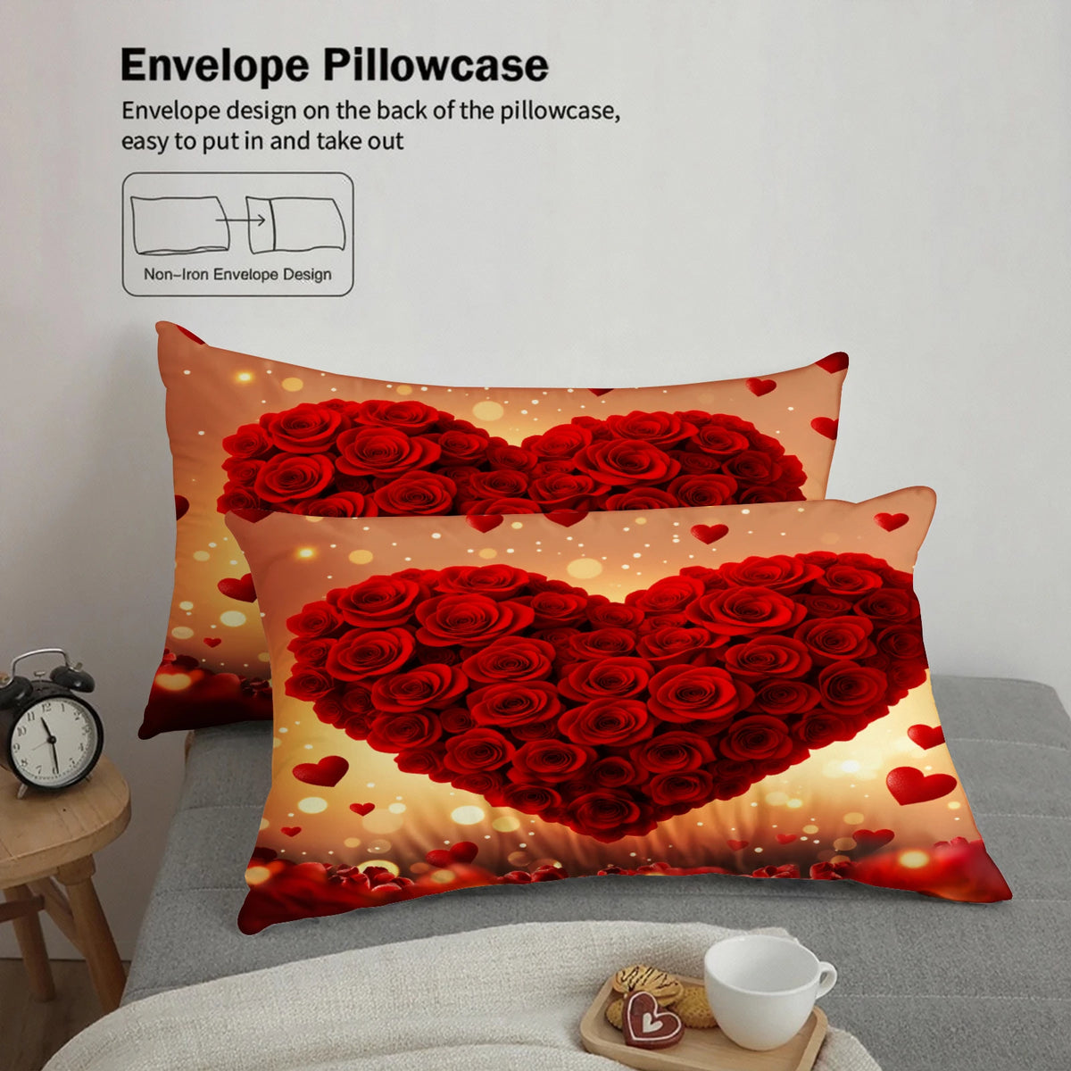 ensemble literie rouge coeurs roses moderne taies doreiller beige adultes chambre coucher